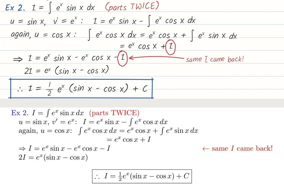 A worked example from handwritten lecture notes on integration by parts, solving the integral of e to the x times sin x by using parts twice, above the same working typeset in LaTeX