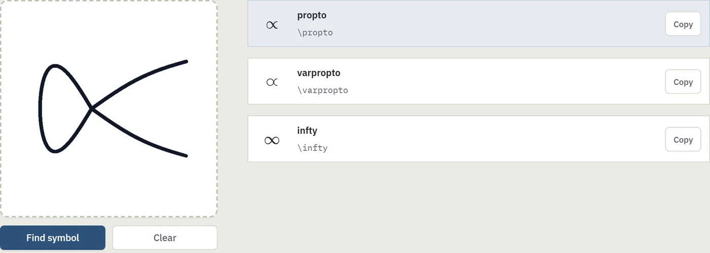 The LatexNotes symbol finder with a proportional to sign drawn by mouse on the left, and its matches on the right: propto first, then varpropto and infty, each with its command and a Copy button