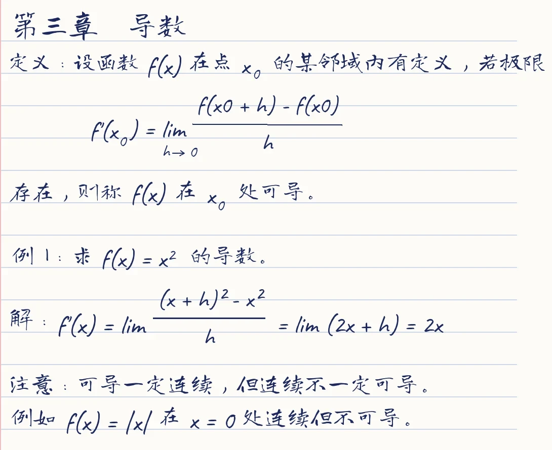 中文手写数学笔记：导数的定义和一道例题